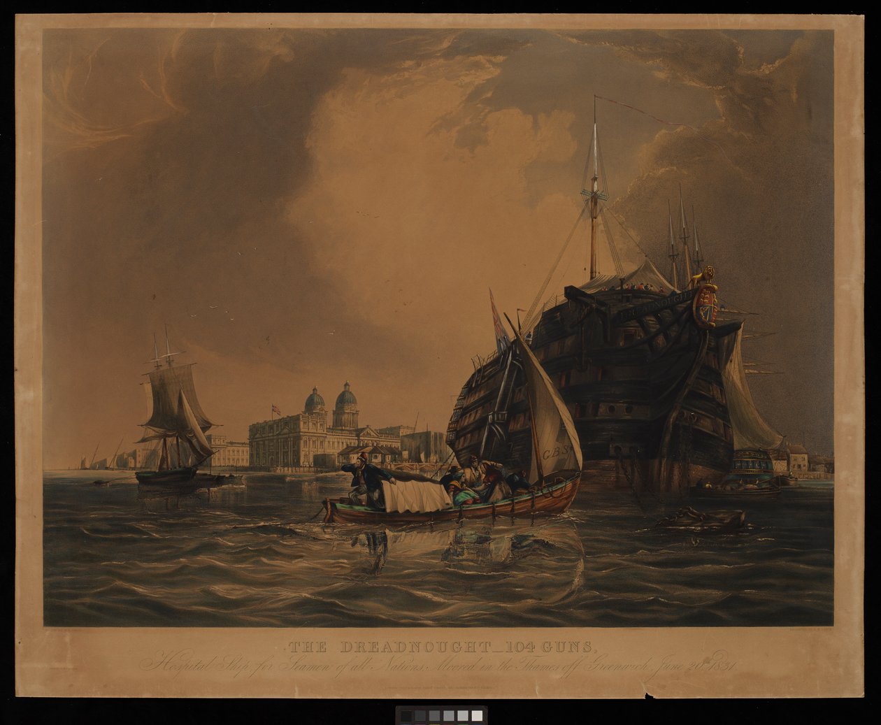 El Dreadnought 104 cañones, buque hospital para los marinos de todas las naciones, amarrado en el Támesis frente a Greenwich, 20 de junio de 1831. de R. W. Price