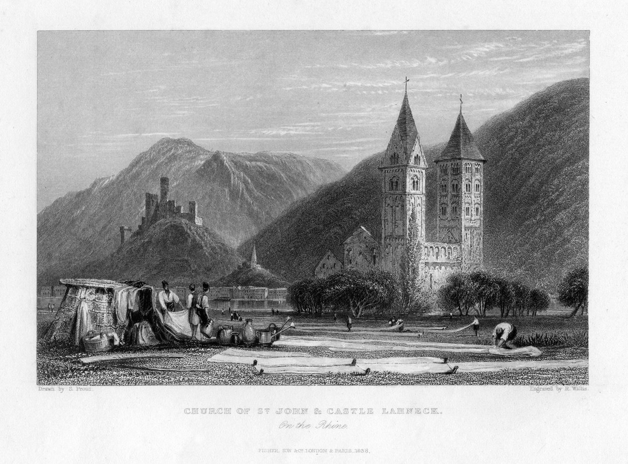 Iglesia de San Juan y Castillo Lahneck en el Rin, 1838 de R. Wallis