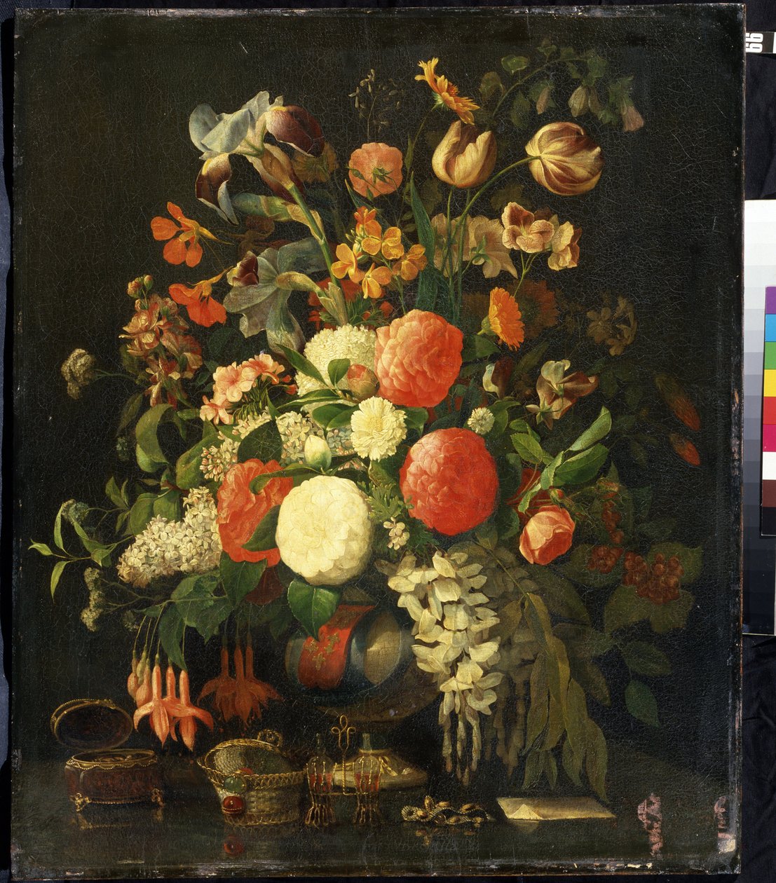 "Bouquet of flowers" (Flores) Sobre la mesa hay joyeros. Pintura de Rachel Ruysch (1664-1750) Siglo XVIII Museo de Arte Mikhail Kroshitsky, Sebastopol (Ucrania) de Rachel Ruysh