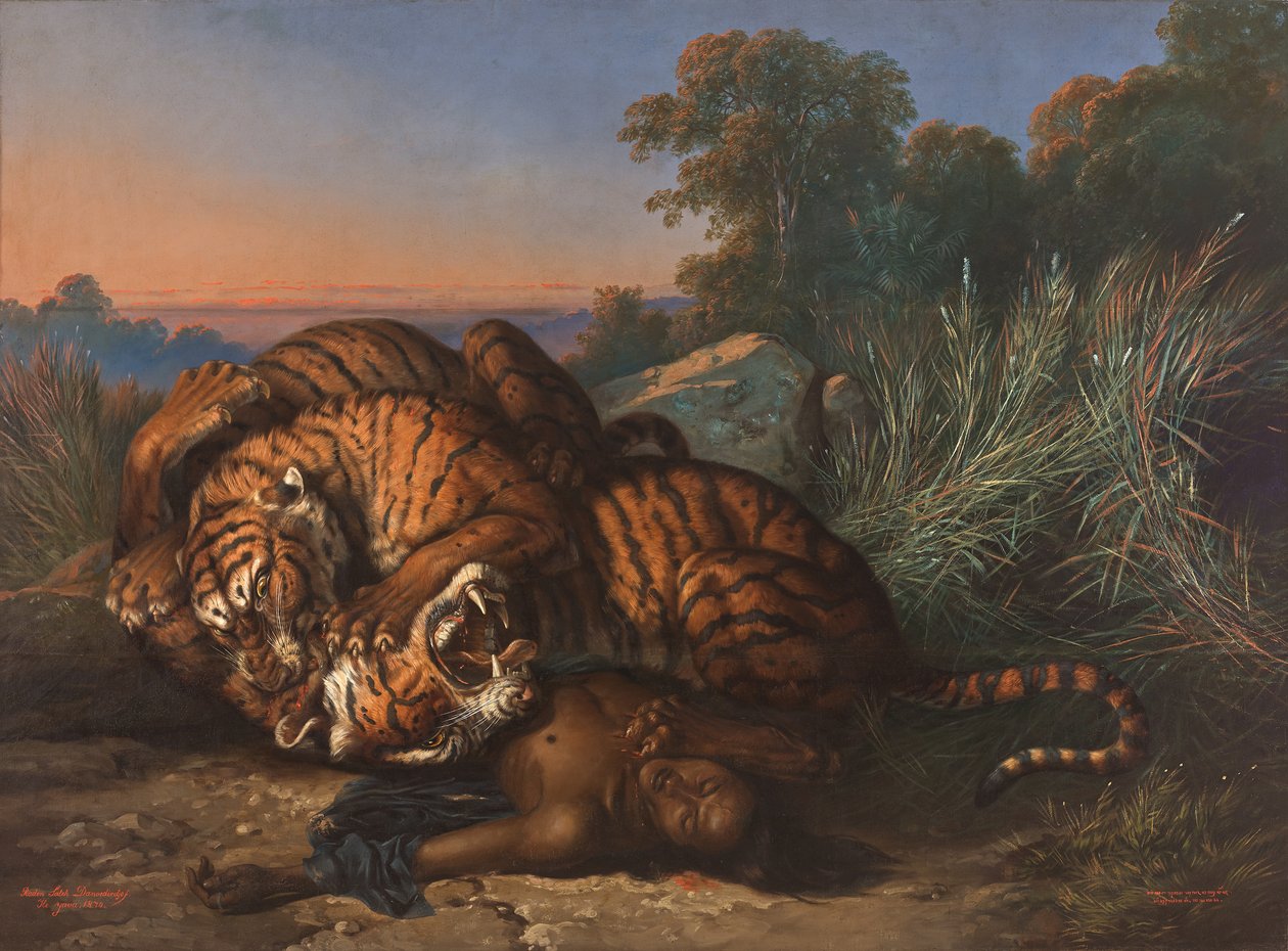 Tigres luchando por el cadáver de un javanés de Raden Ben Jaggia Saleh Syarif Bustaman