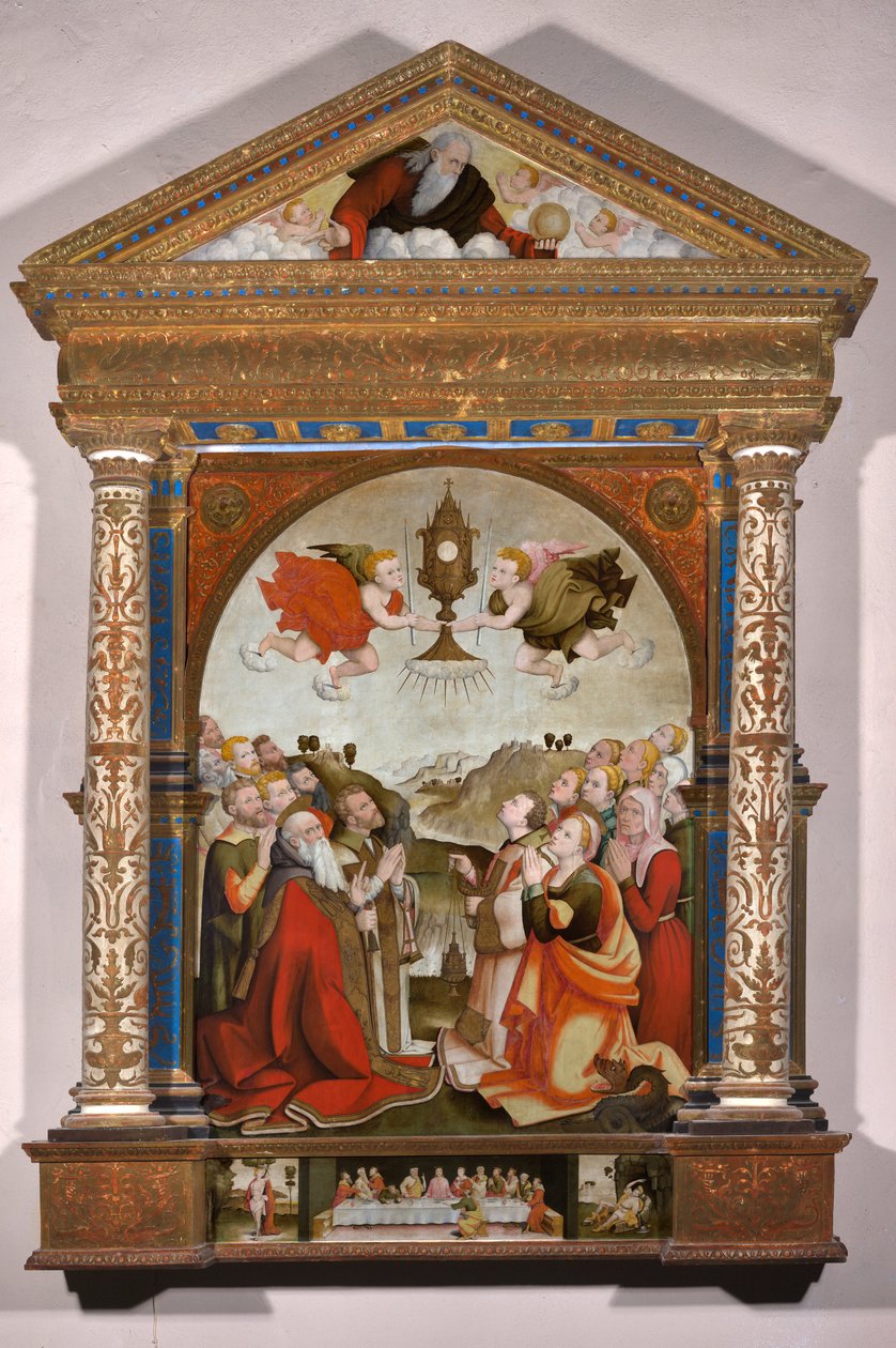 Retablo de la Adoración del Santísimo Sacramento, en la predela: La Última Cena, San Sebastián y San Roque de Raffaele De (fl.1514 1573) Pancalino