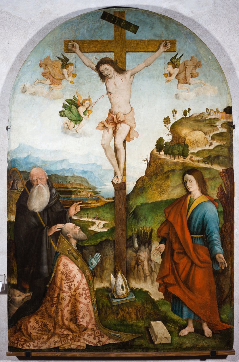 Crucifixión, c.1528 (temple sobre tabla) de Raffaele De (fl.1514 1573) Pancalino