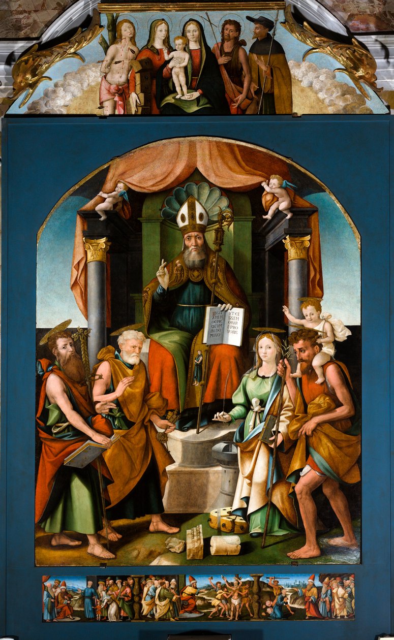 San Blas entronizado entre los santos Pedro, Pablo, Catalina de Alejandría y Cristóbal, retablo central de Raffaele De (fl.1514 1573) Pancalino