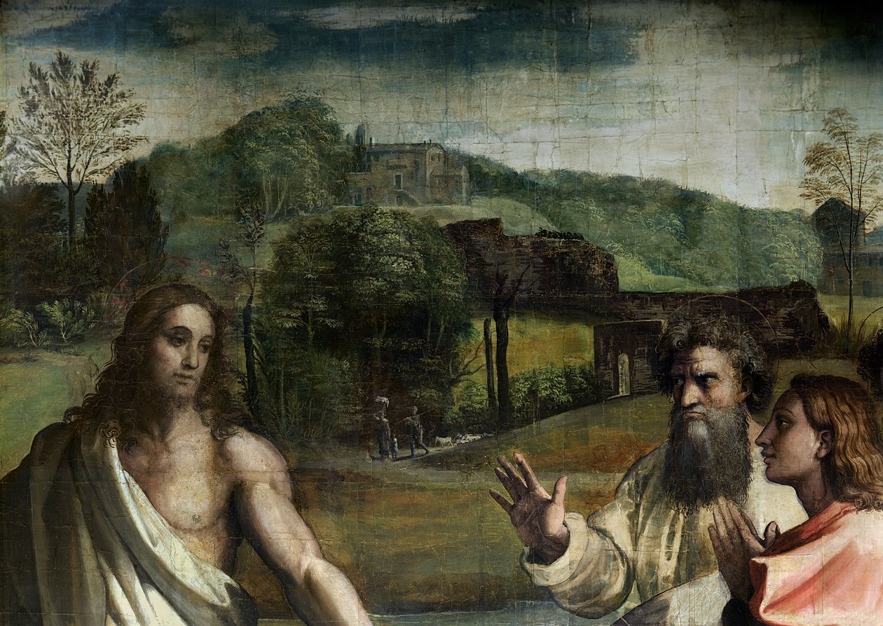 Encargo de Cristo a San Pedro (cartón para la Capilla Sixtina) (pre restauración) (detalle) de Raffaello Sanzio Raphael