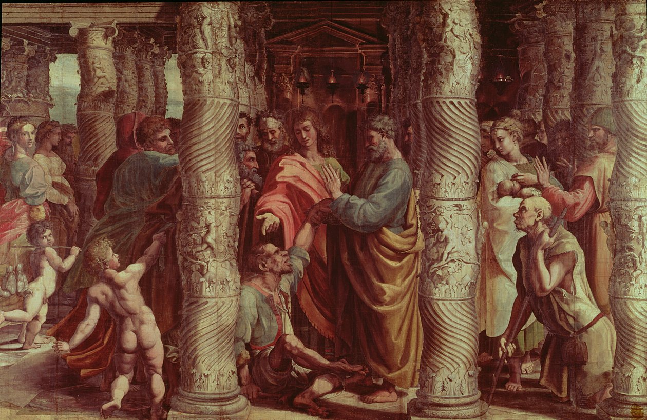 La curación del hombre cojo (cartón para la Capilla Sixtina) (ANTES DE LA RESTAURACIÓN) de Raffaello Sanzio Raphael