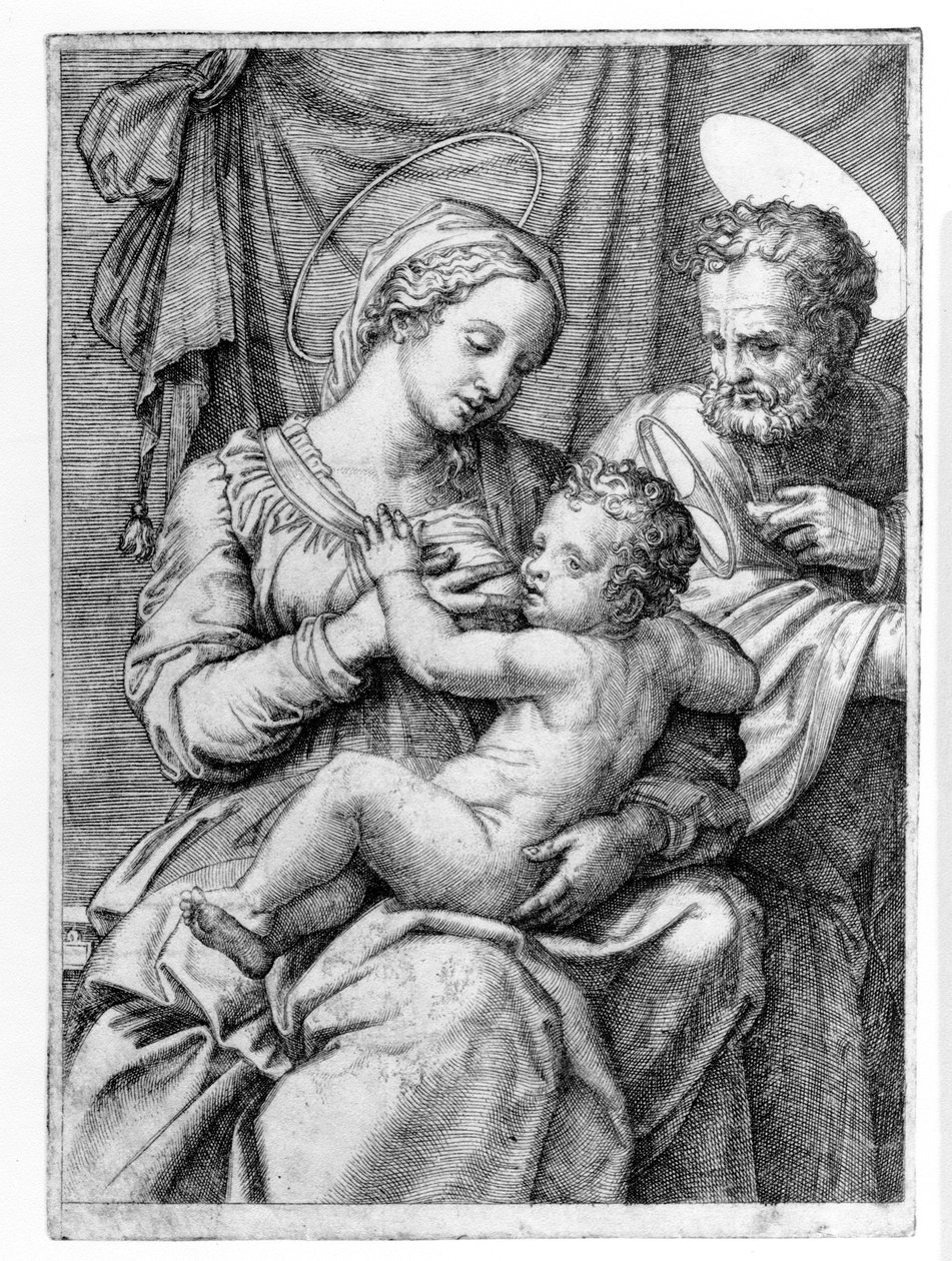La Sagrada Familia, grabado por Marcantonio Raimondi, c.1515 de Raffaello Sanzio Raphael