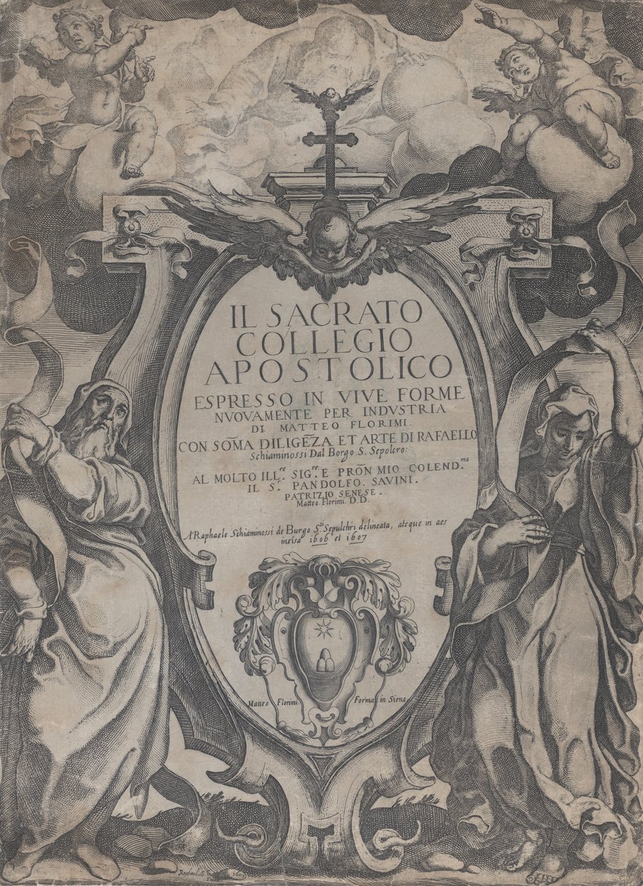 Frontispicio con dos figuras sosteniendo pergaminos y querubines flanqueando el cartucho de Raffaello Schiaminossi