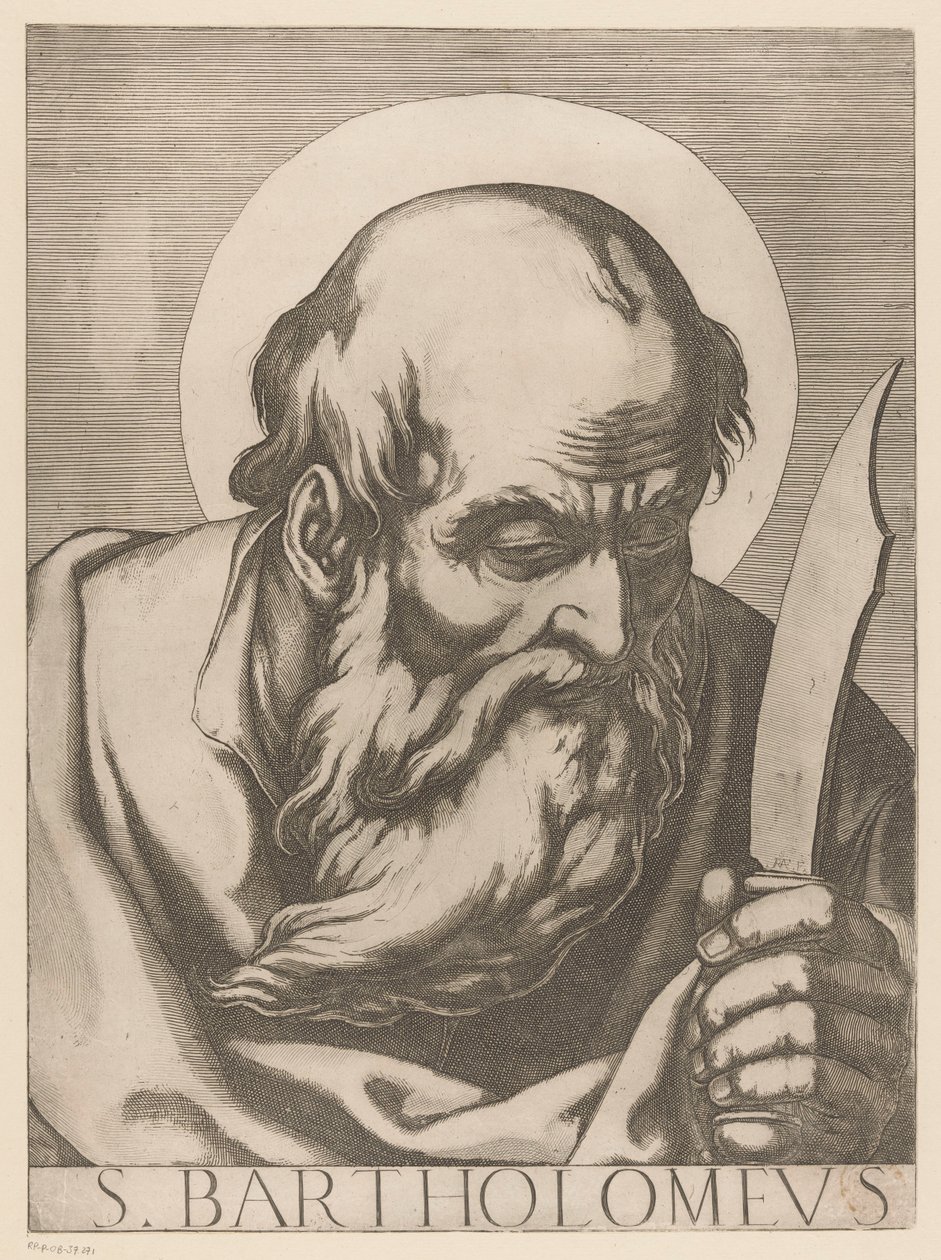 San Bartolomé S. Bartolomé (título sobre objeto) Cristo, María y los Doce Apóstoles (título de la serie) Il sacrato collegio apostolico (título de la serie) de Raffaello Schiaminossi