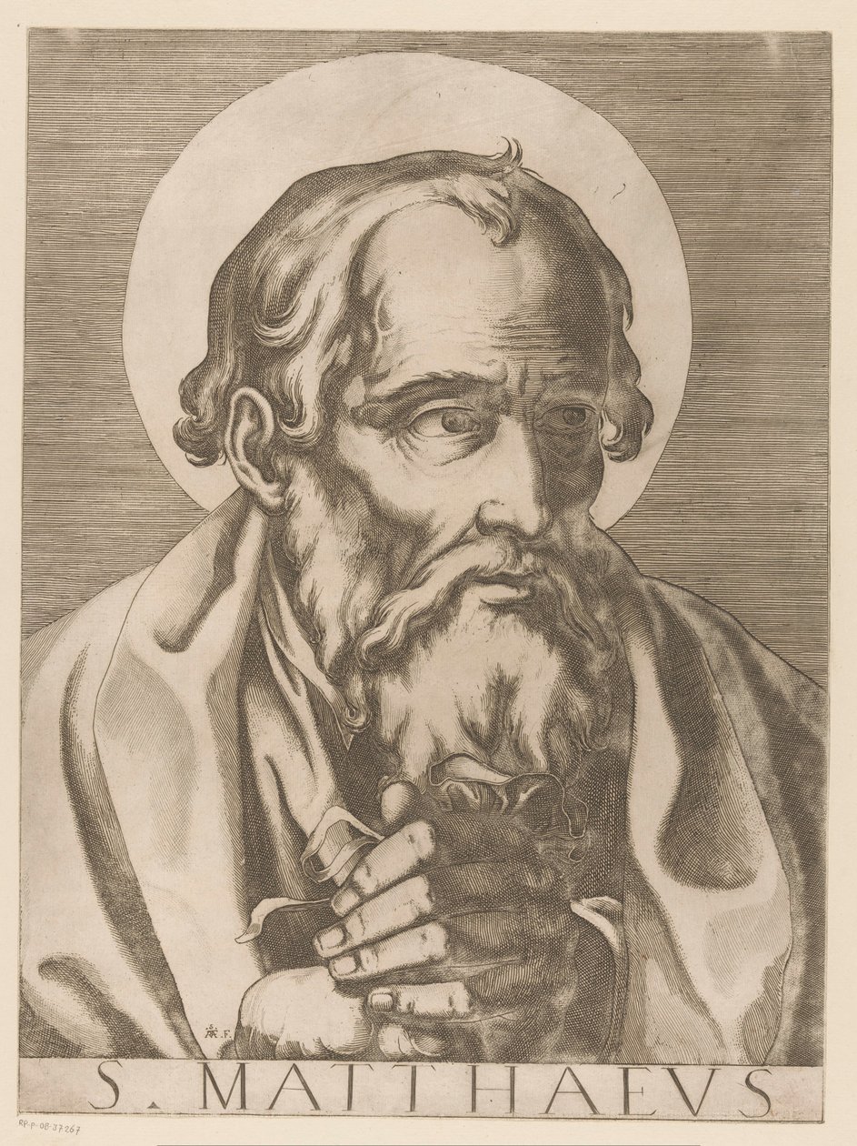 San Mateo S. Matthaeus (título sobre objeto) Cristo, María y los Doce Apóstoles (título de la serie) Il sacrato collegio apostolico (título de la serie) de Raffaello Schiaminossi