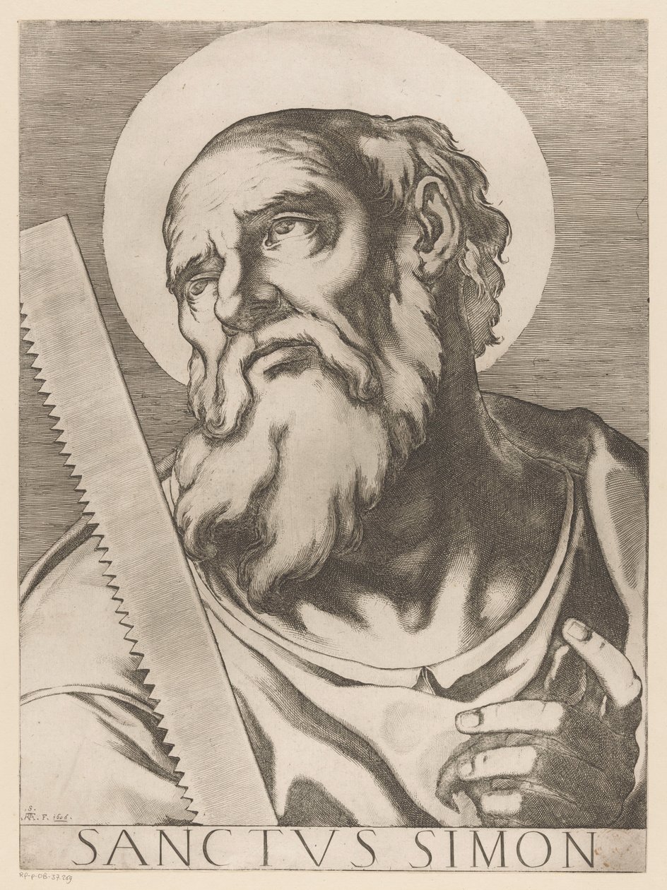 San Simón Zelotes San Simón (título sobre el objeto) Cristo, María en de twaalf apostelen (título de la serie) El Sagrado Colegio Apostólico (título de la serie) de Raffaello Schiaminossi