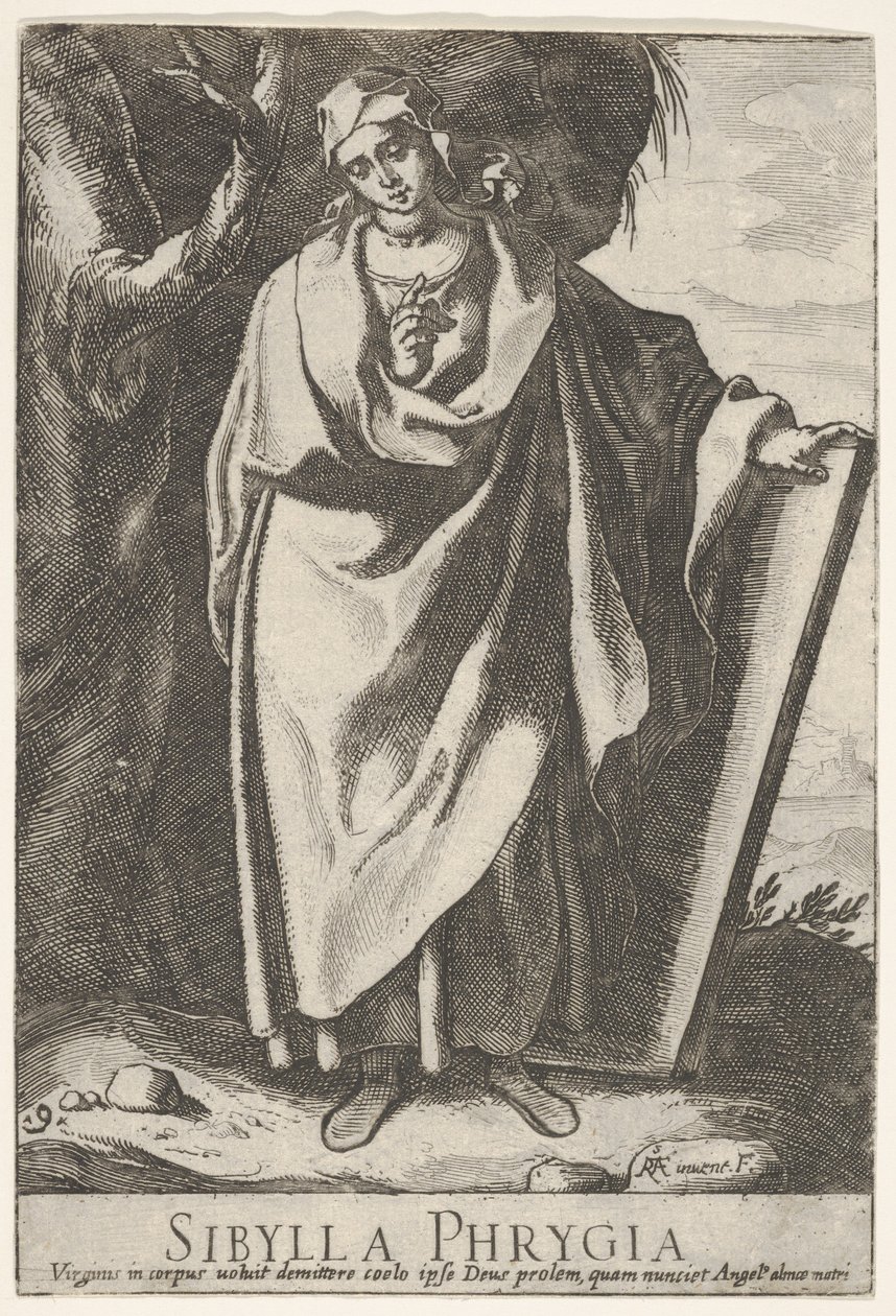 Placa 9: la Sibila Frigia sosteniendo la parte superior de una tabla con su mano izquierda y señalando de Raffaello Schiaminossi