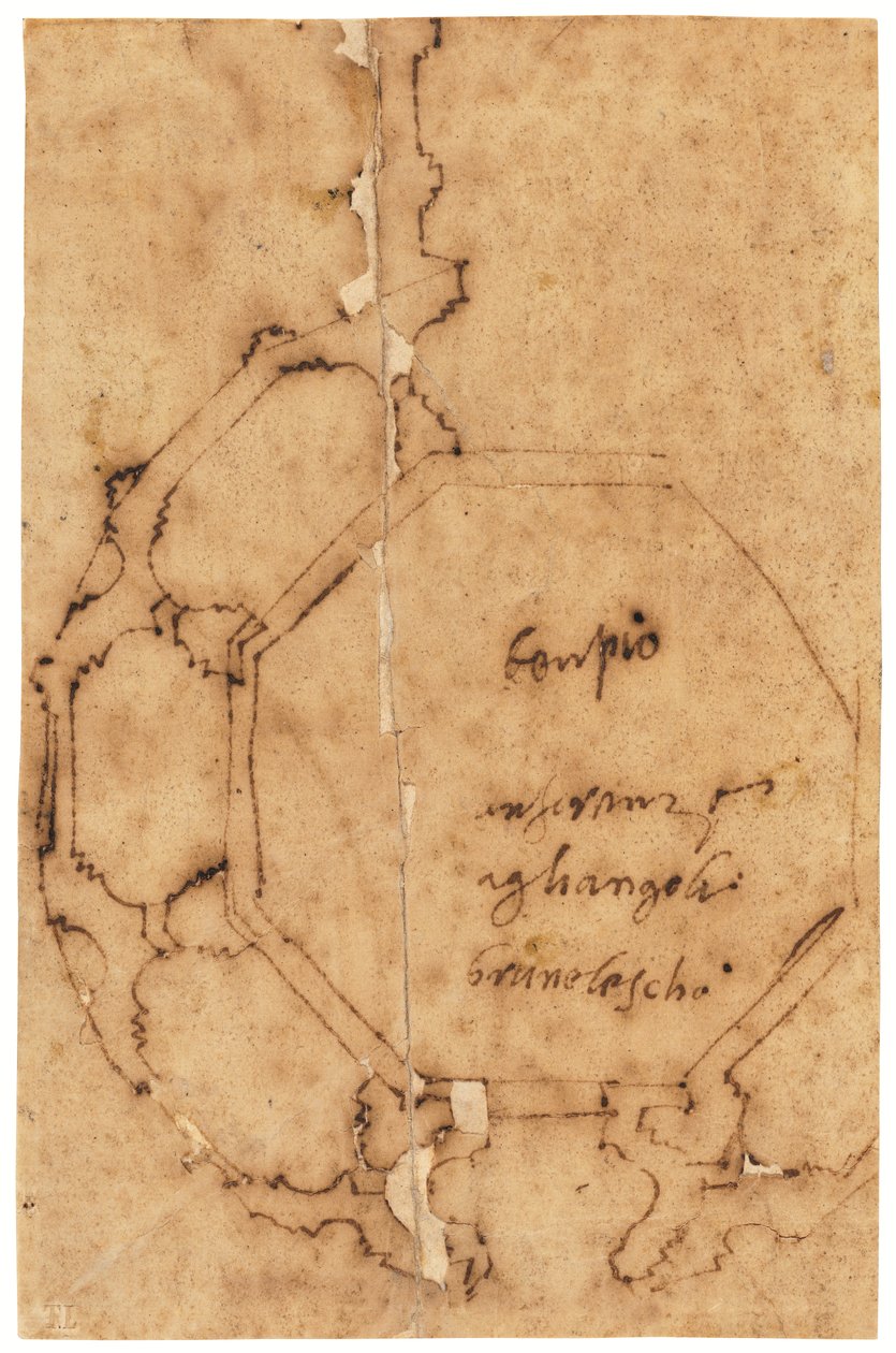 Planta de Santa Maria degli Angeli, Florencia (pluma y tinta marrón, sobre papel vegetal al óleo) de Raffaello da Montelupo