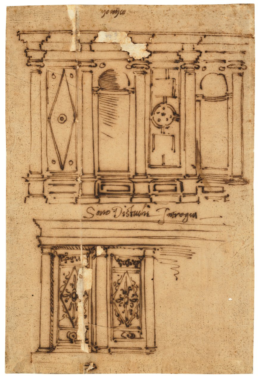 Diseño para una decoración mural (bolígrafo y tinta marrón, sobre papel vegetal aceitado) de Raffaello da Montelupo