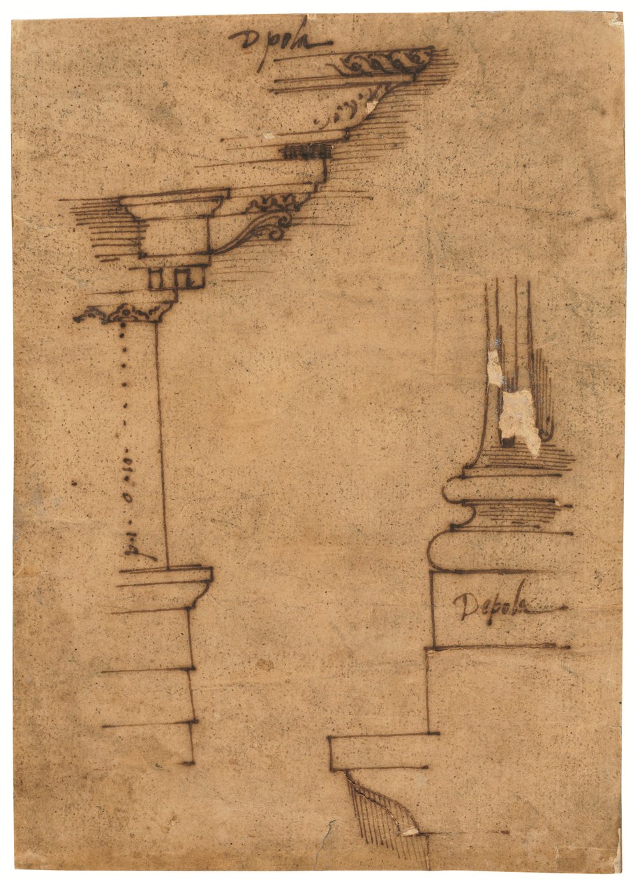 Diseño para un entablamento y la base de un pedestal (pluma y tinta marrón, sobre papel vegetal aceitado) de Raffaello da Montelupo