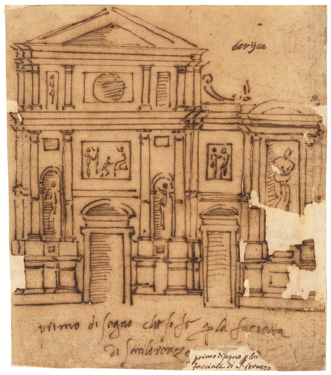 Diseño de la fachada de San Lorenzo, Florencia (pluma y tinta marrón, sobre papel vegetal aceitado) de Raffaello da Montelupo