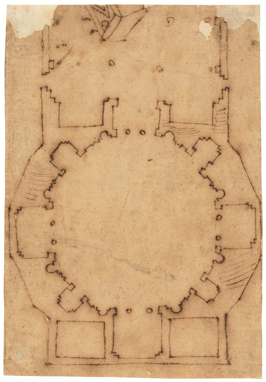 Planta de una iglesia (pluma y tinta marrón, sobre papel vegetal aceitado) de Raffaello da Montelupo