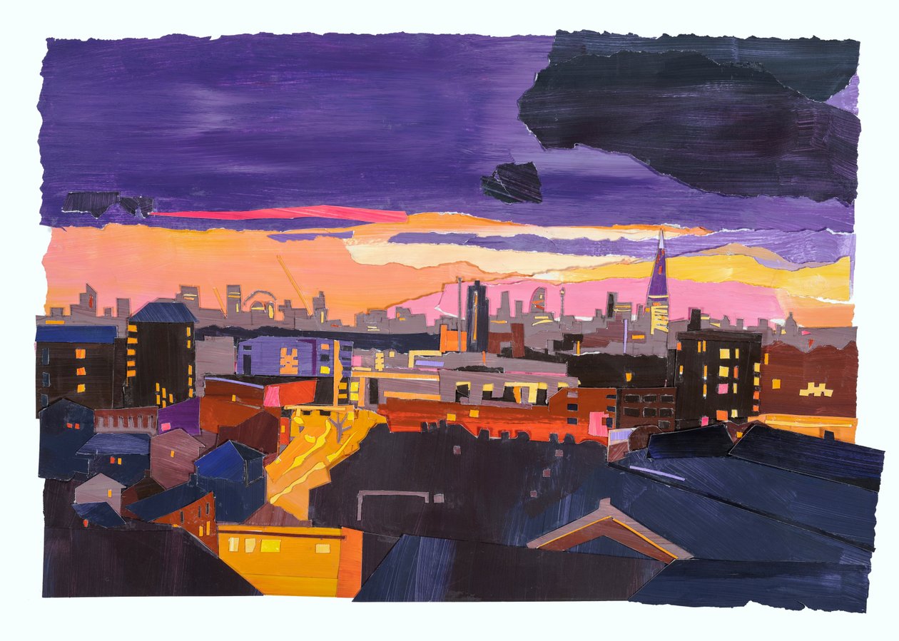 Rooftops over London, 2022 (acrílico y collage sobre papel) de Raina Goran