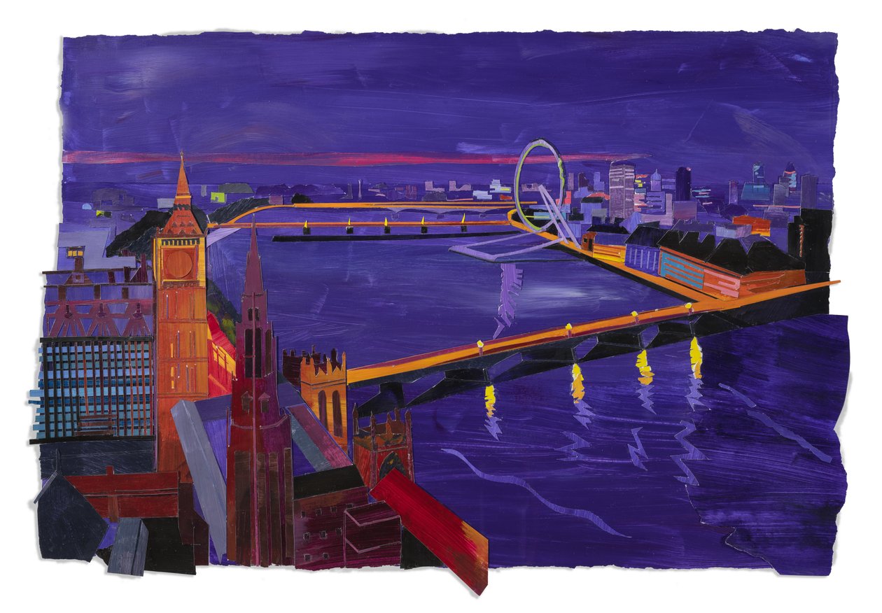 Westminster de noche, 2022 (acrílico y collage sobre papel) de Raina Goran