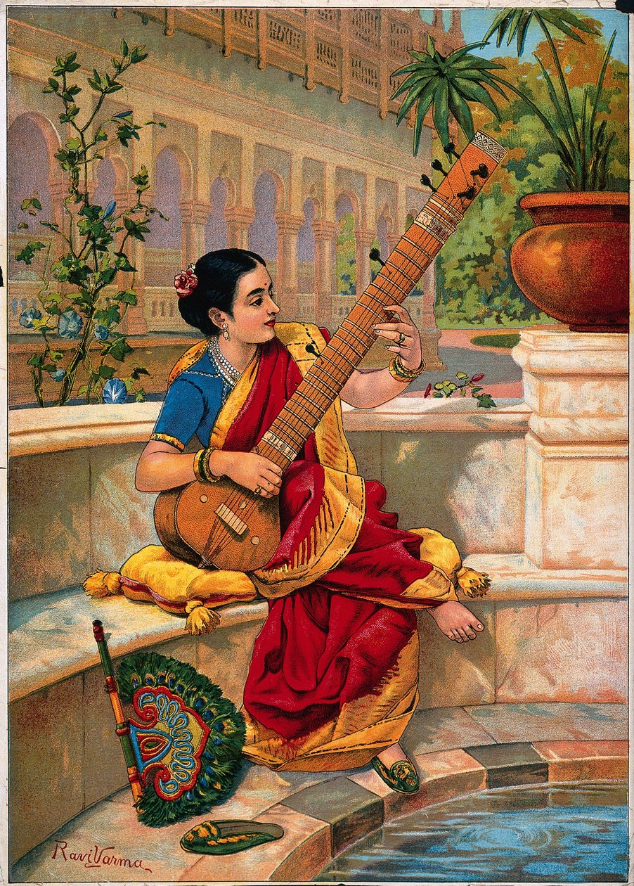 Una mujer india sentada toca el sitar junto a un estanque de jardín. de Raja Ravi Varma