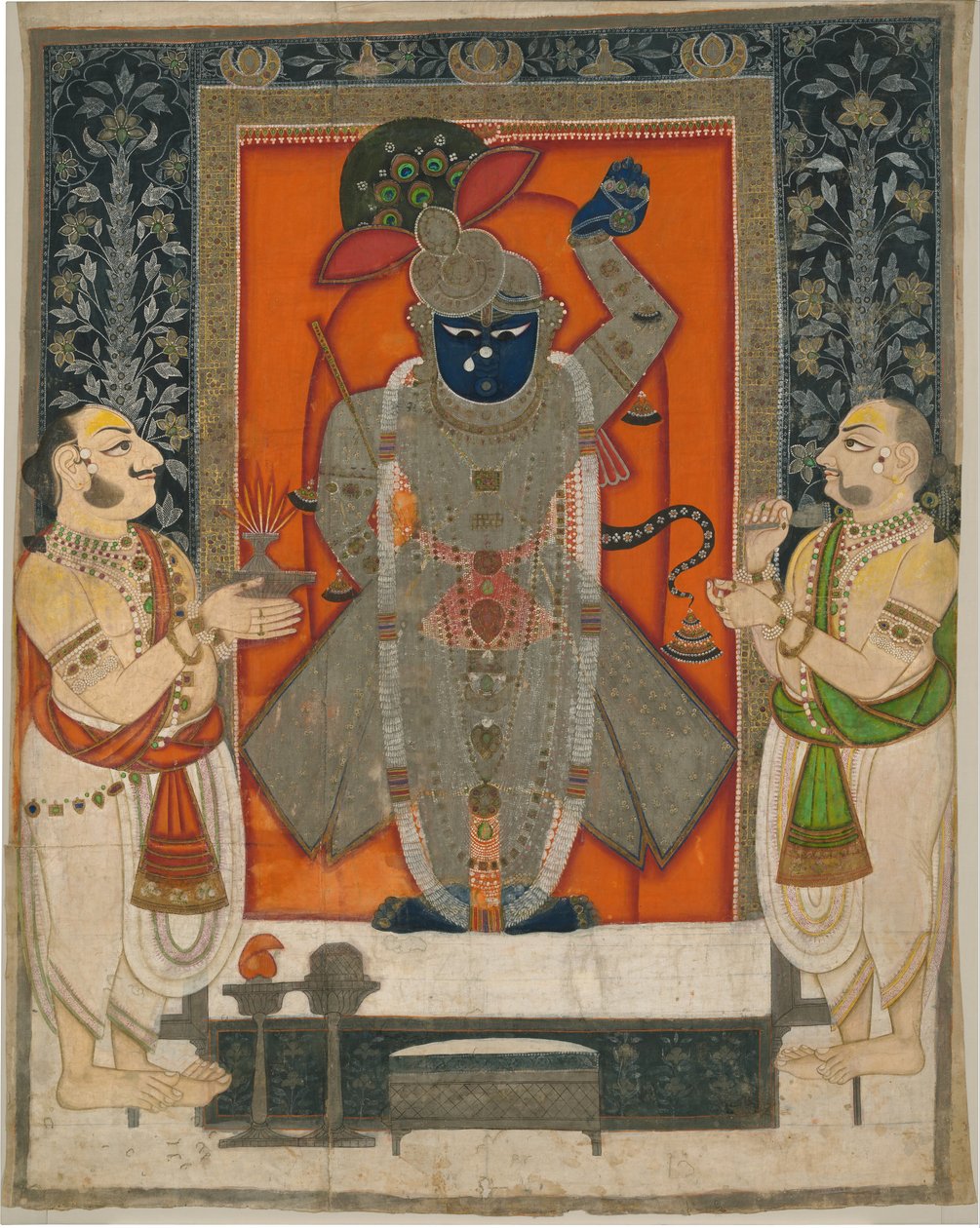 Sacerdotes adorando a Krishna como Shrinathji para el festival de la Montaña de Comida [Annakuta utsava]; colgante de santuario [pichhavai] de Rajasthan Kota school