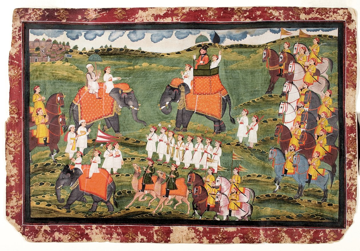 Coronel James Tod y Guru Gyanchandra montando elefantes cerca de Udaipur, octubre de 1822 de Rajasthani School