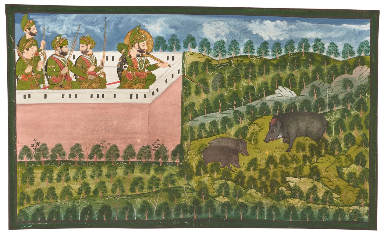 Un cuadro del Maharana Jawan Singh (r.1821-38) cazando jabalíes de Rajasthani School
