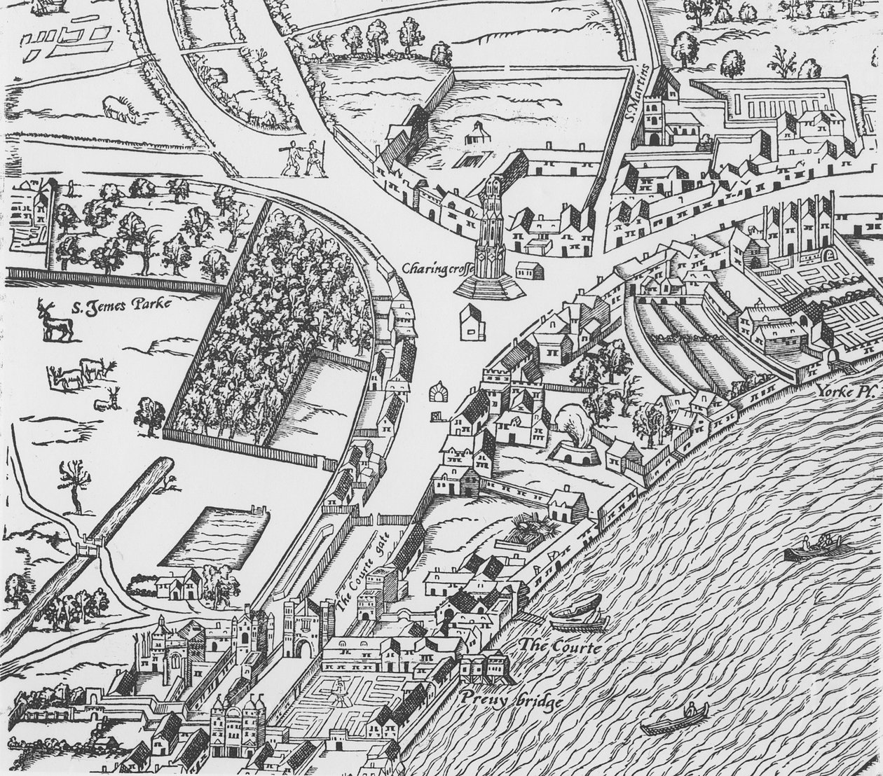 (detalle) de Charing Cross de Civitas Londinium de Ralph Agas