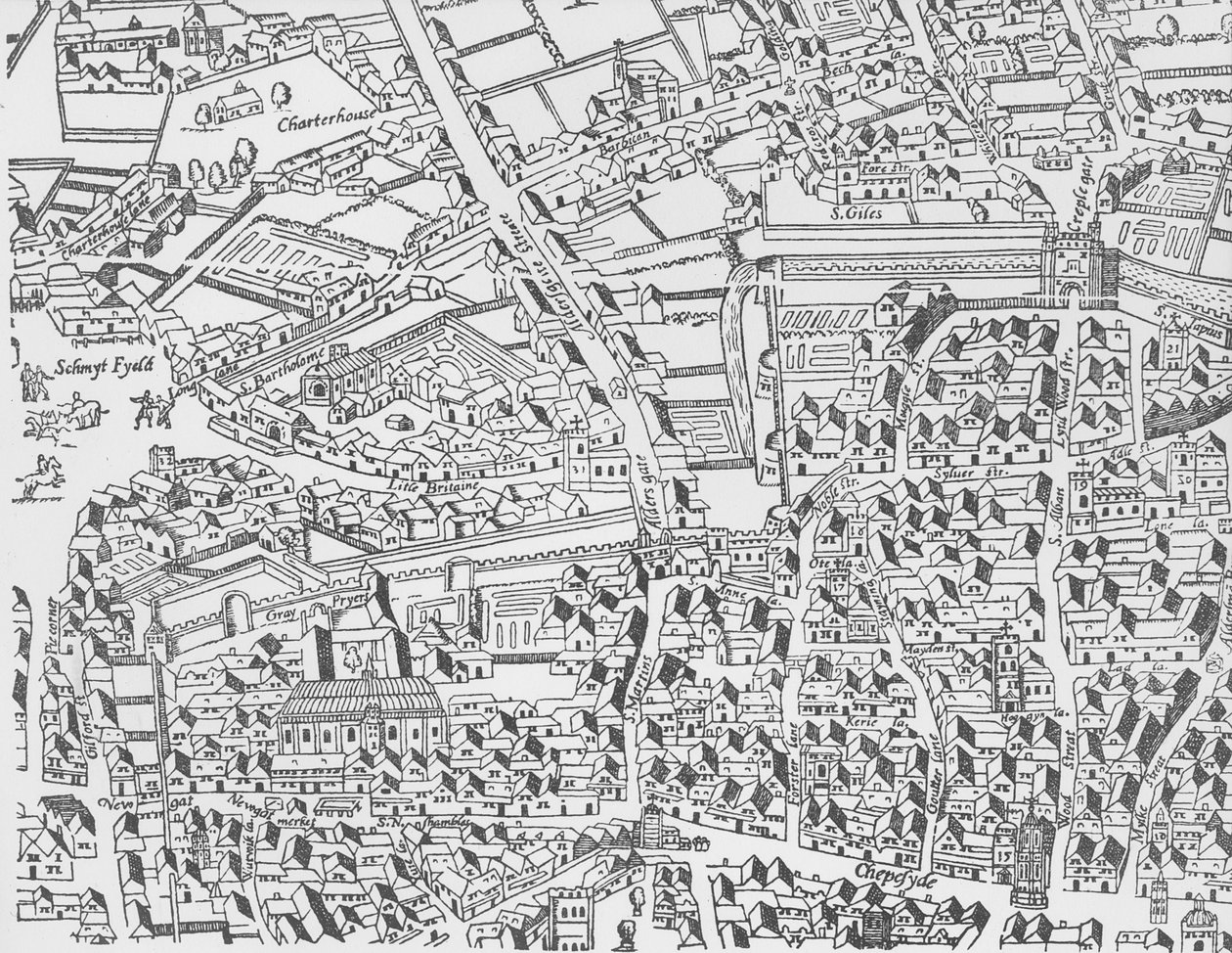 (detalle) del Muro de Londres al Este de Smithfield de Civitas Londinium de Ralph Agas