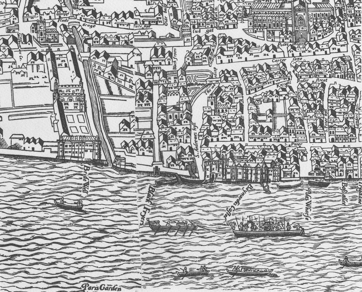 (detalle) del Río Támesis y la Catedral de San Pablo de Civitas Londinium de Ralph Agas