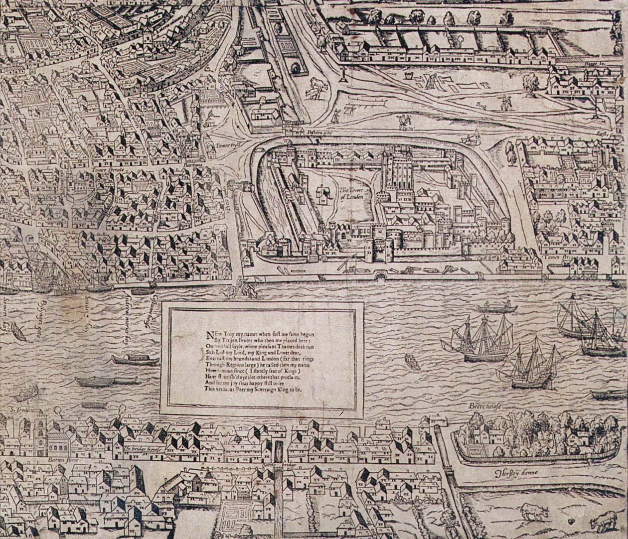 (detalle) Torre de Londres, de "Civitas Londinum", mapa de Londres, 1560 de Ralph Agas