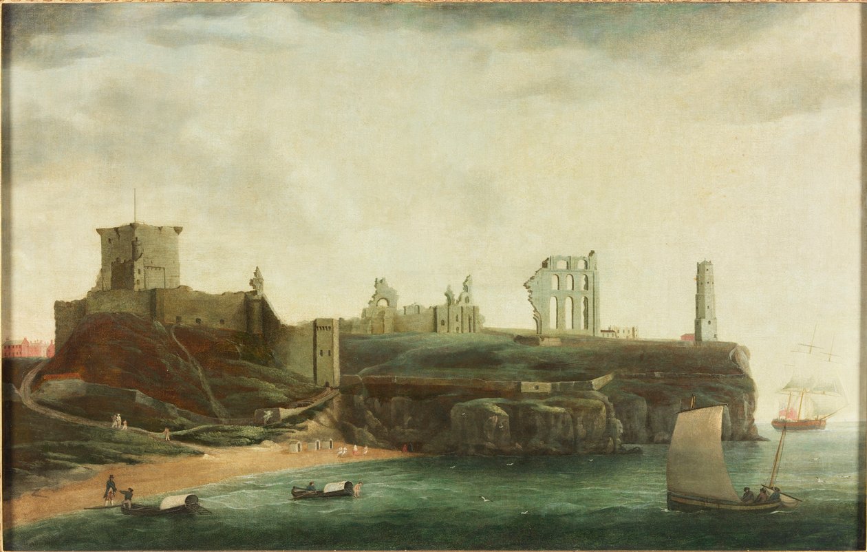 Figuras y máquinas de baño en la bahía debajo del castillo de Tynemouth de Ralph I Waters