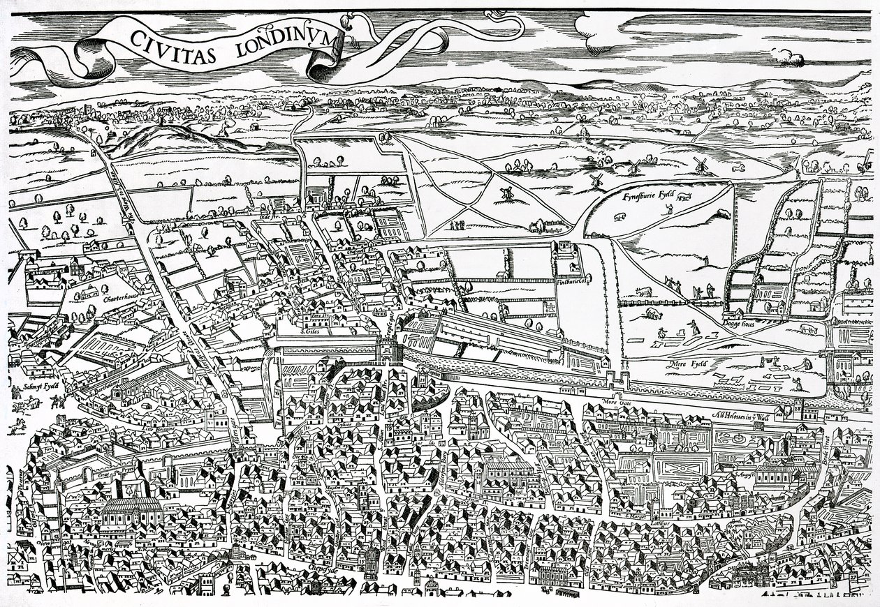 Detalle de Londres al norte de la ciudad de Civitas Londinium (xilografía) de Ralph Agas