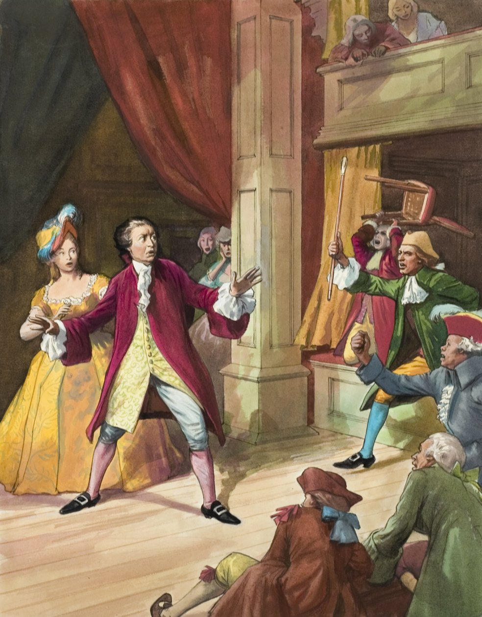 David Garrick (1717-79) frente a un tumulto de espectadores (gouache sobre papel) de Ralph Bruce