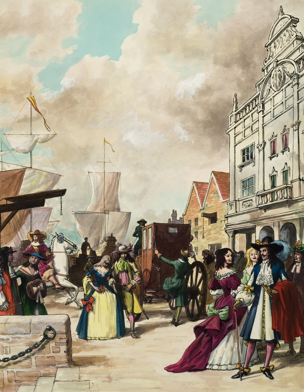 El rey Carlos II (1630-85) restaura el teatro (gouache sobre papel) de Ralph Bruce