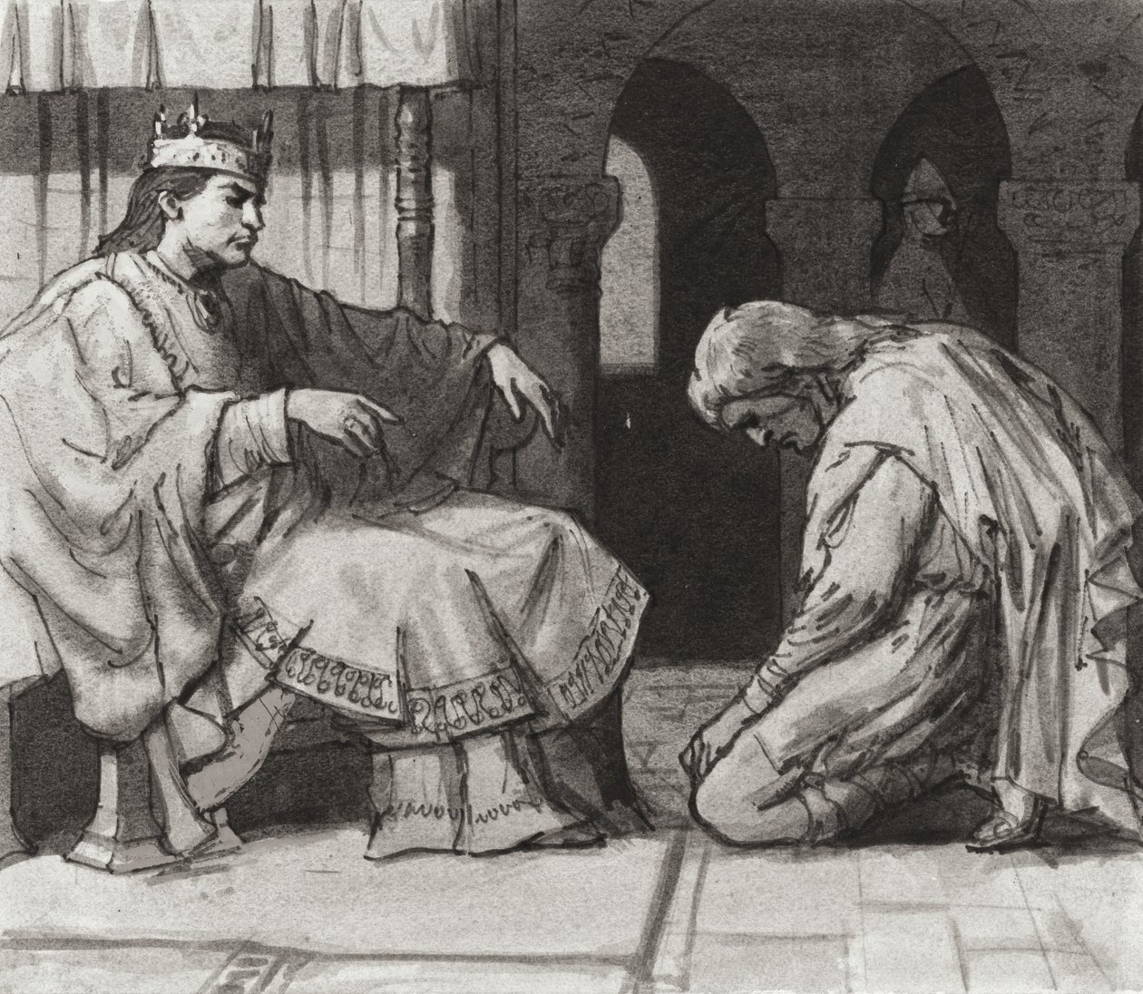 Walteof, conde de Northumbria ante el rey Guillermo I (gouache sobre papel) de Ralph Bruce