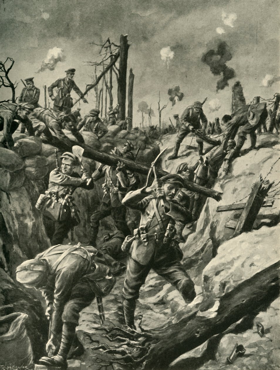 Soldados británicos en una trinchera alemana, Frente Occidental, Primera Guerra Mundial, c. 1915, c. 1920 de Ralph Cleaver