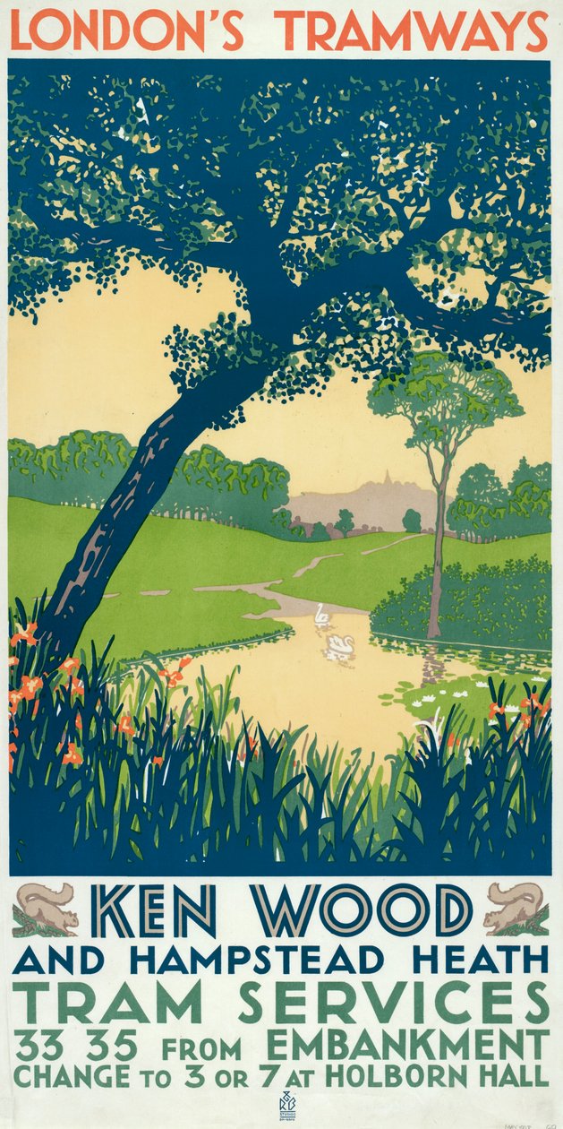 Kenwood y Hampstead Heath, cartel de tranvías del Consejo del Condado de Londres, 1928 de Ralph and Brown Studios