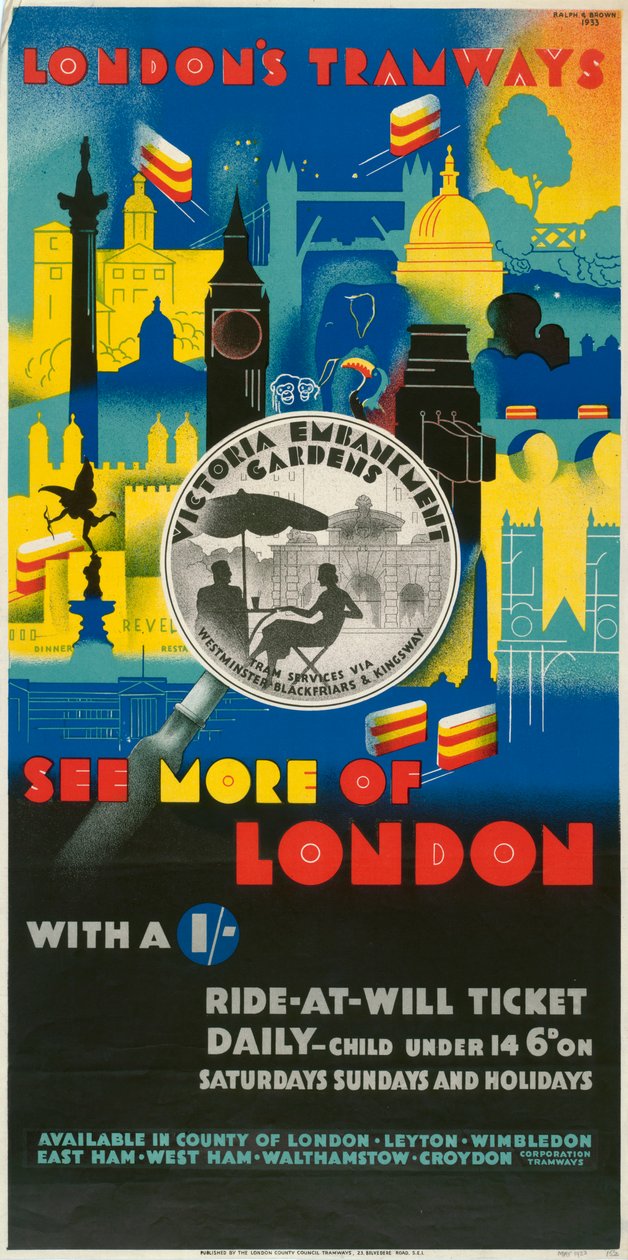 Vea más de Londres con un chelín, cartel de los tranvías del Consejo del Condado de Londres, 1933 de Ralph and Brown Studios
