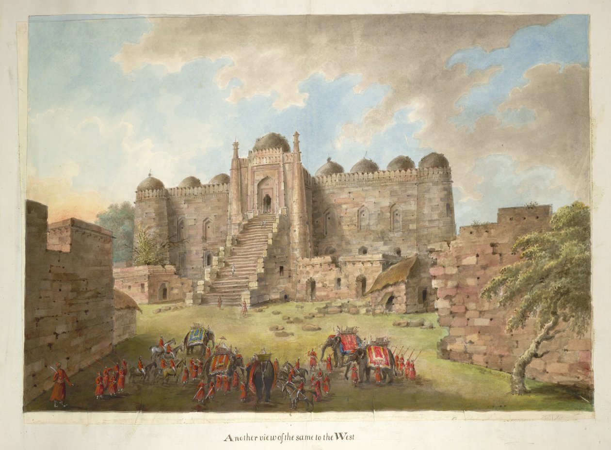 El patio de entrada y la fachada este de Kalan Masjid. La fiesta de Lady Hastings en primer plano de Ram Sita