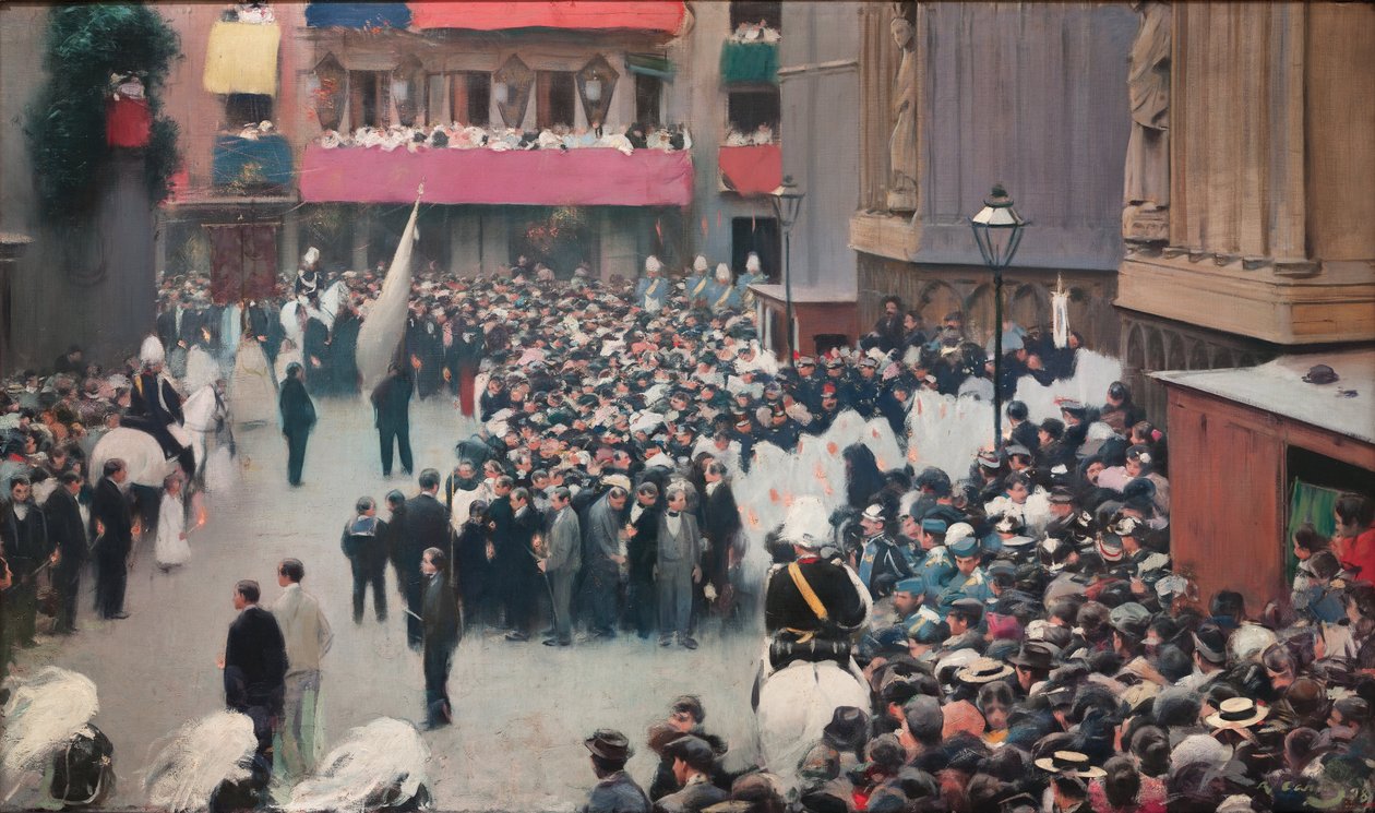 La procesión del Corpus Christi saliendo de la iglesia de Santa María del Mar de Ramon Casas i Carbo