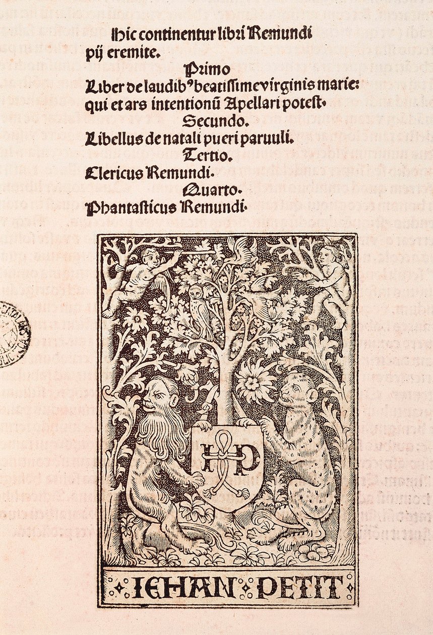Página del códice "De Laudibus Beatissimae Virginis Mariae" de Ramon Llull (1235-1315), representando dos leones sosteniendo el escudo de armas del impresor Jehan Petit de Ramon Llull