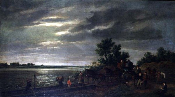 Un carruaje y caballos entrando en un ferry en el río Leck en Holanda por la noche de Ramsay Richard Reinagle