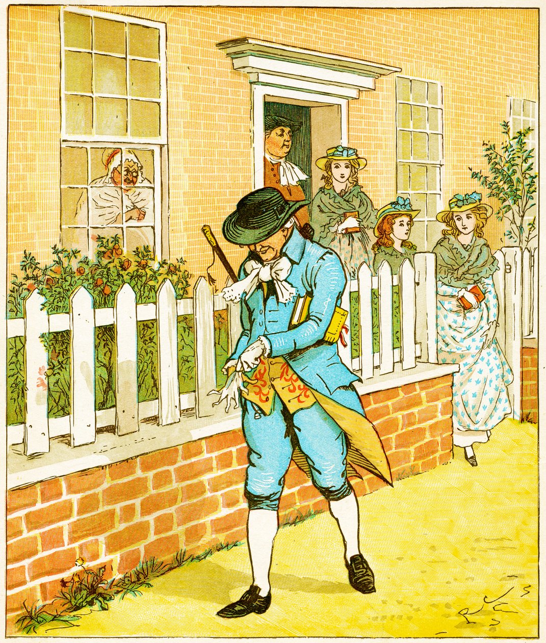 En Islington vivía un hombre de quien el mundo podría decir que aún corría una carrera piadosa, ilustración de Elegía sobre un perro loco de Oliver Goldsmith, 1879 de Randolph Caldecott