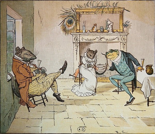 Por favor, Sr. Rana, ¿nos cantará una canción?, ilustración de A Frog Who Would a Wooing Go, c.1900 de Randolph Caldecott