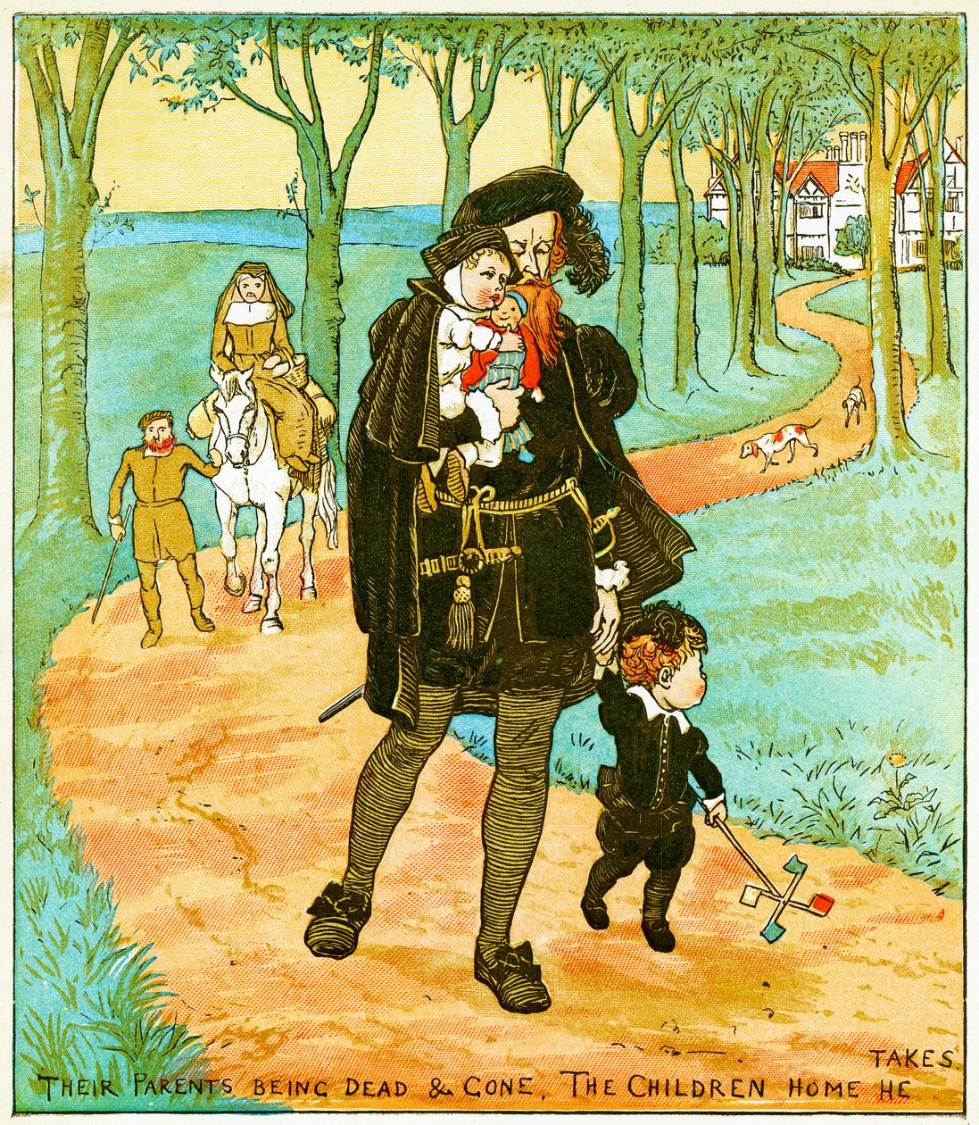 Los padres muertos y desaparecidos, los niños los lleva a casa, ilustración para Babes in the wood, 1885 de Randolph Caldecott