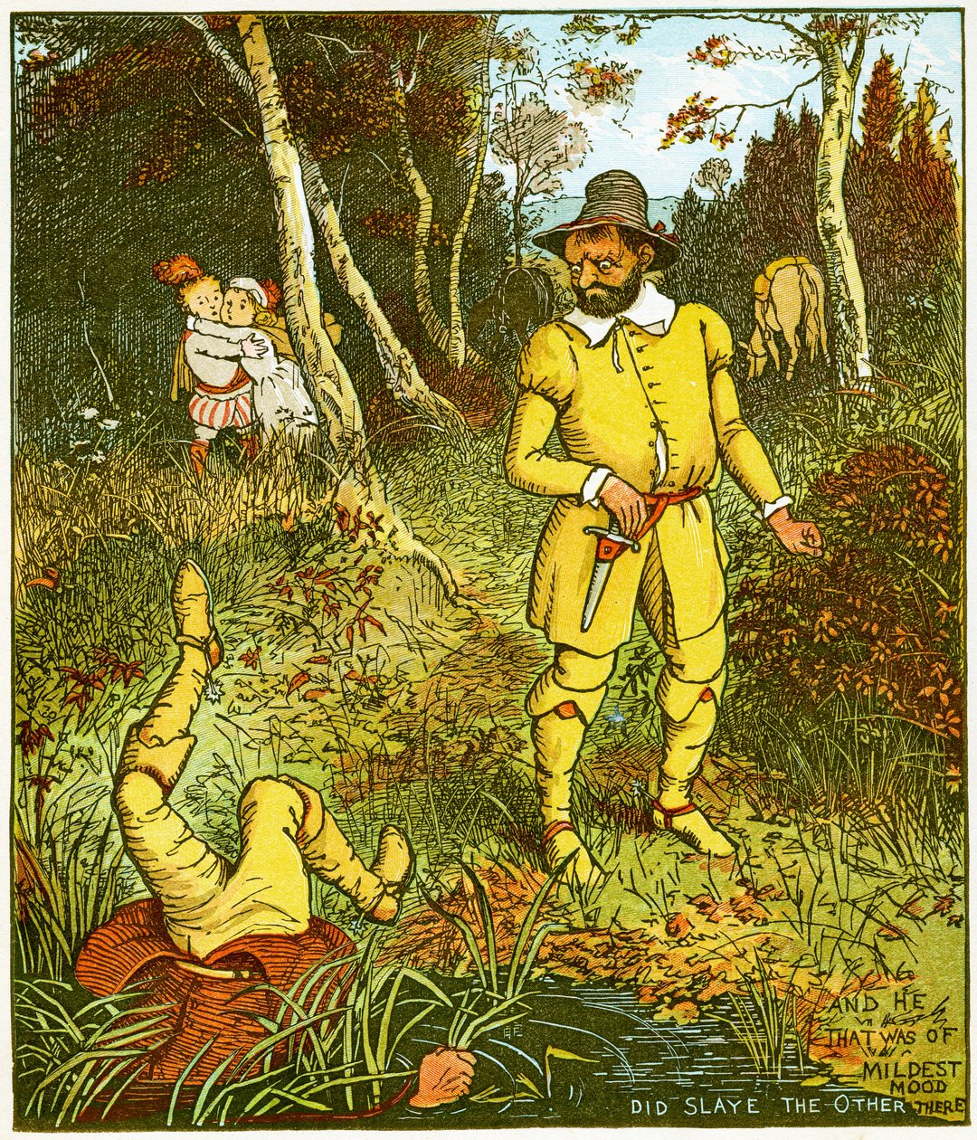 "Y el que era de ánimo más suave, mató al otro allí", ilustración de Babes in the wood de Randolph Caldecott