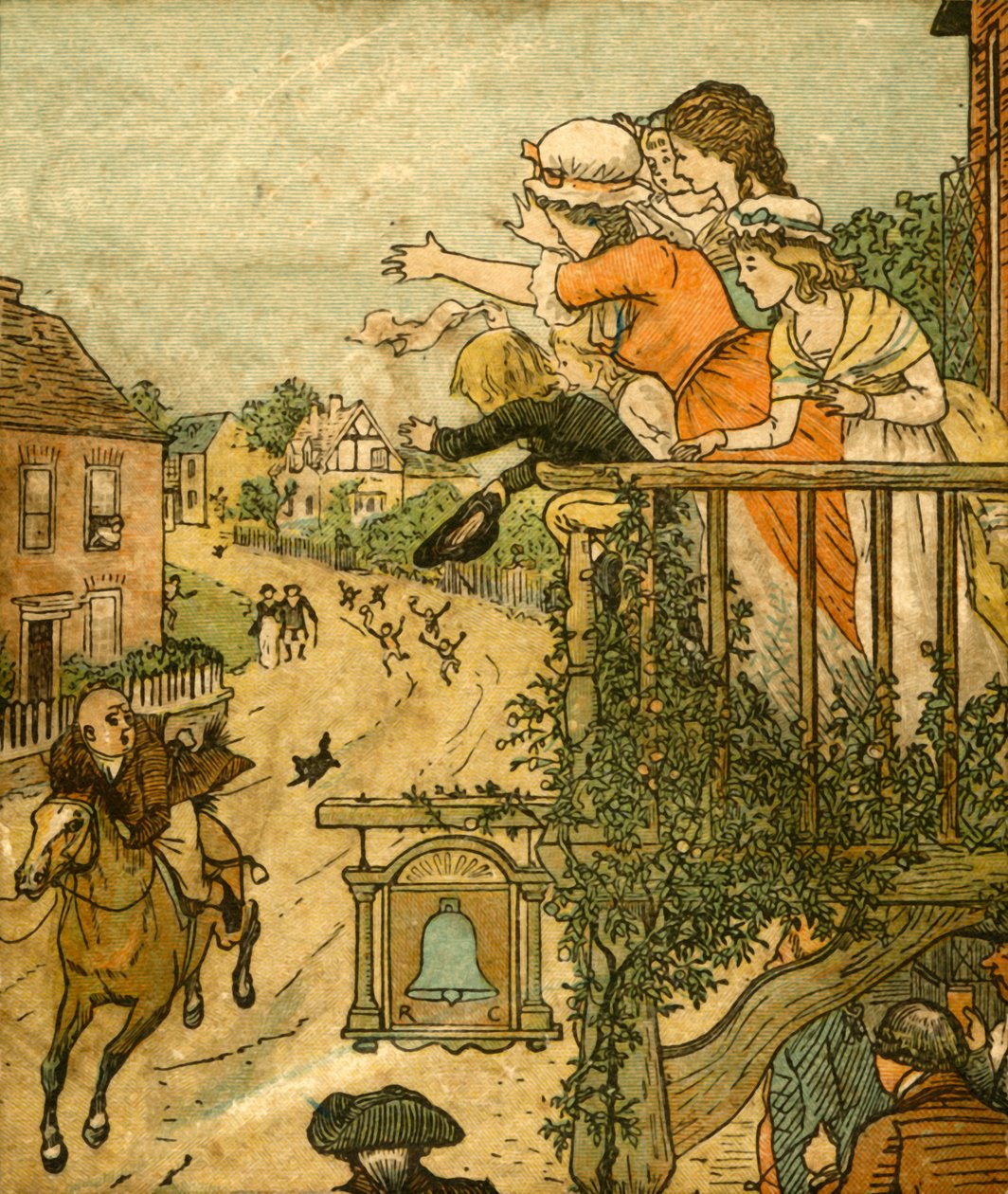 John Gilpin galopa más allá del Bell Inn mientras su esposa e hijos saludan desde el balcón, 1878, c1918 de Randolph Caldecott