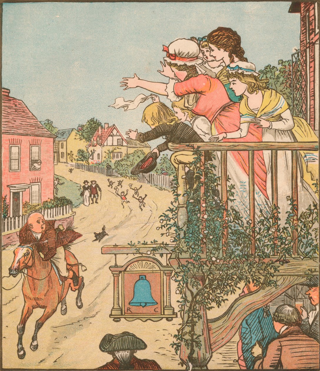 John Gilpin galopa más allá del Bell Inn mientras su esposa e hijos saludan desde el balcón de Randolph Caldecott