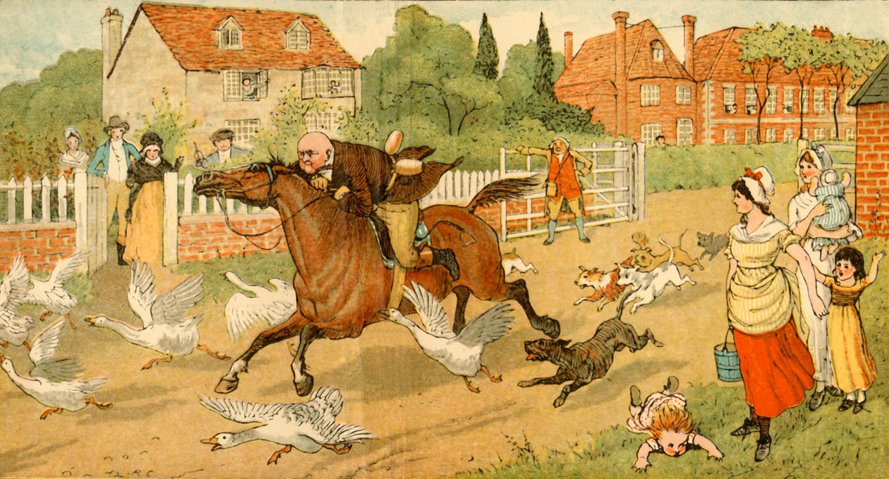 John Gilpin galopa por un pueblo, 1878, c. 1918 de Randolph Caldecott