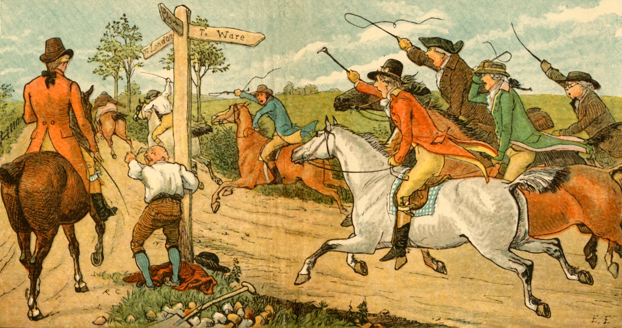 John Gilpin en su caballo desbocado siendo perseguido por transeúntes de Randolph Caldecott